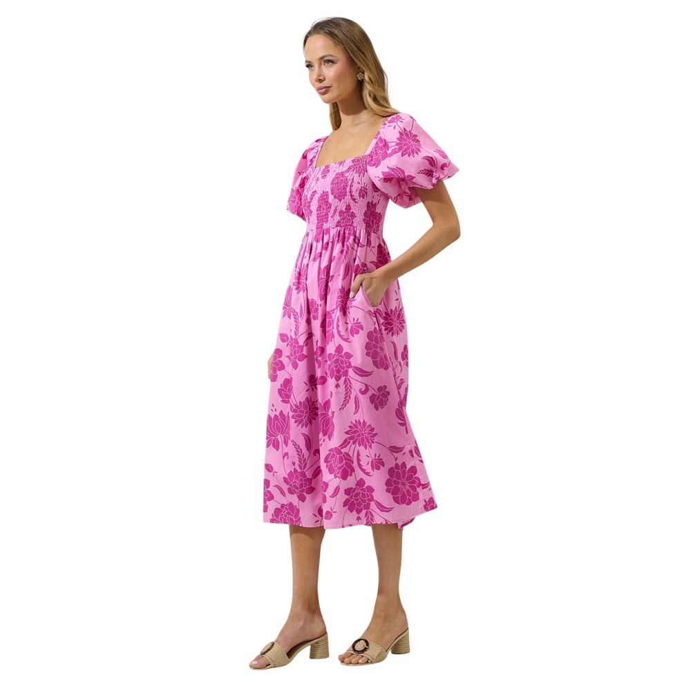 Sugarlips NWT Pink Floral Smocked Midi Dress Puff Sleeve Square Neck Sz XS